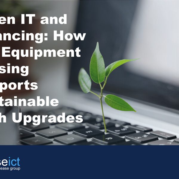 image of a computer keyboard with a small sprouted leaf coming out of it to illustrate the benefits of ICT equipment leasing for green it practices