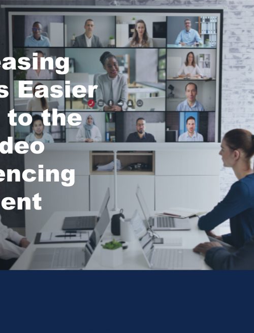 Image of a team in an office on a conference call to illustrate the benefits of leasing to upgrade video conferencing equipment