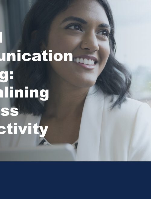 image of smiling woman using work tablet to illustrate the benefits of unified communication leasing