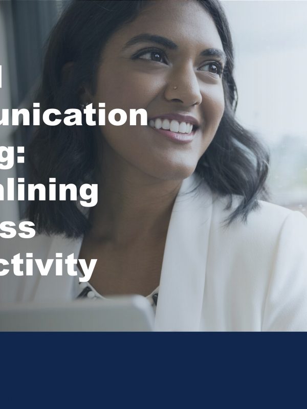 image of smiling woman using work tablet to illustrate the benefits of unified communication leasing